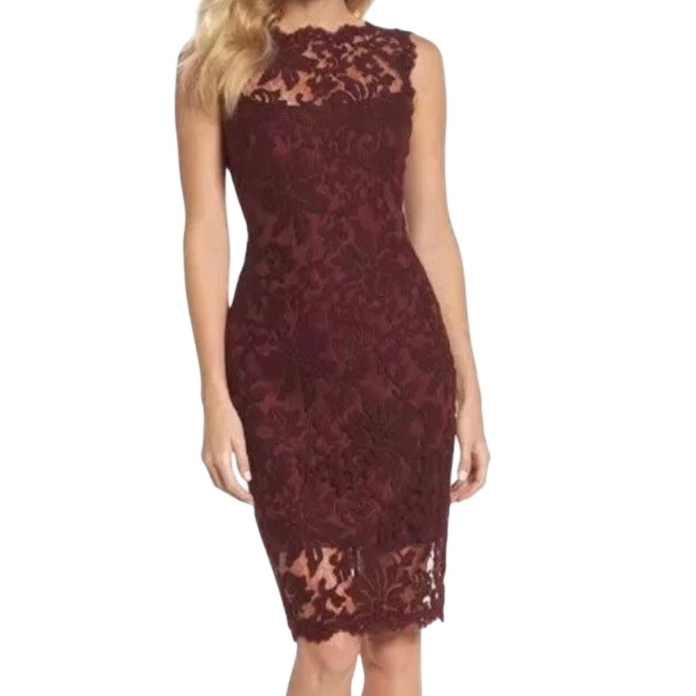 Tadashi Shoji Burgundy Floral Corded Lace Illusion Sheath Cocktail Dress 12